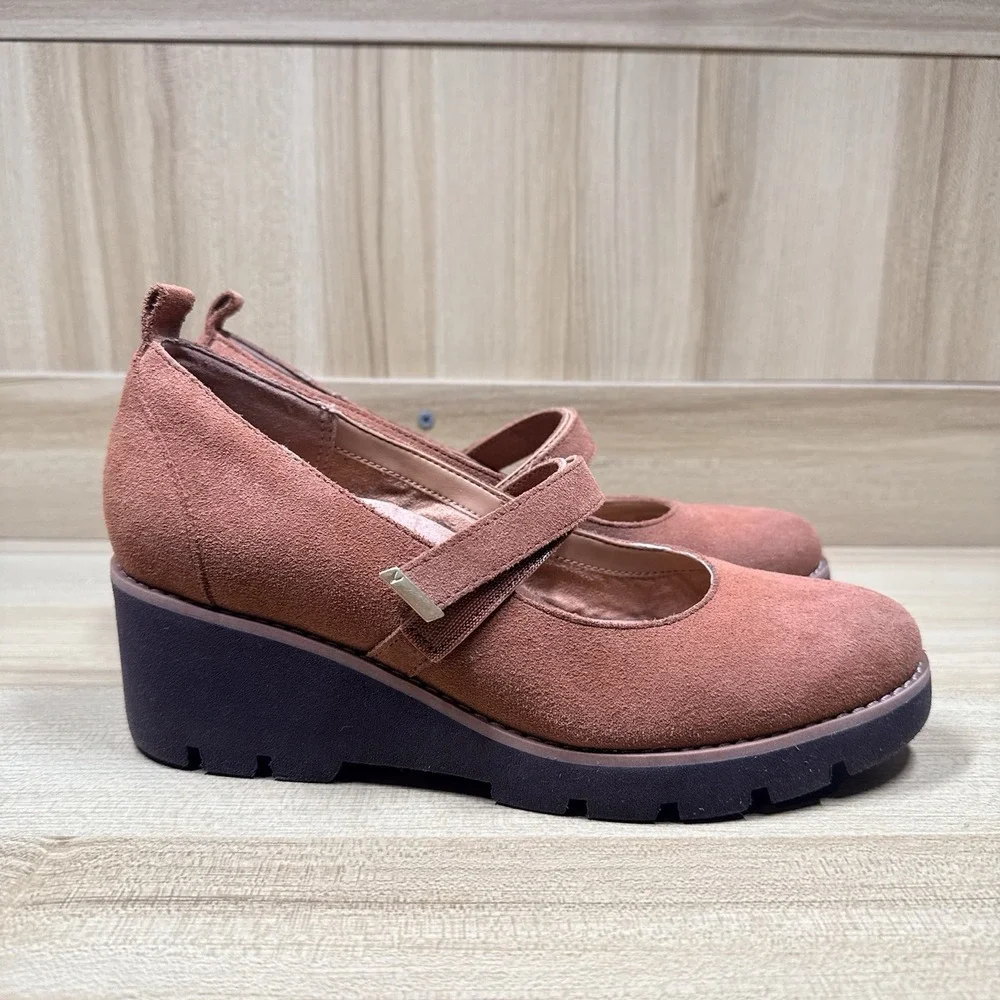 Vionic Alma‎ Mary Jane Shoes Suede Tan Brown Size 7 Wedge Arch Support Comfort